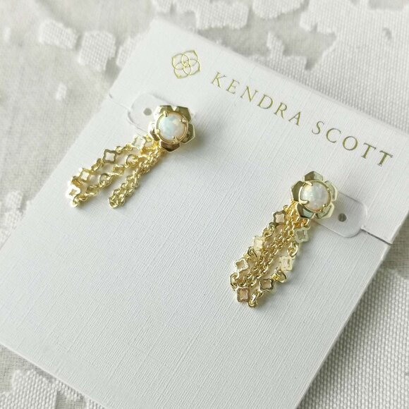 Kendra Scott Susie White Kyocera Opal Convertible Ear Jacket Earrings Gold - Picture 3 of 3